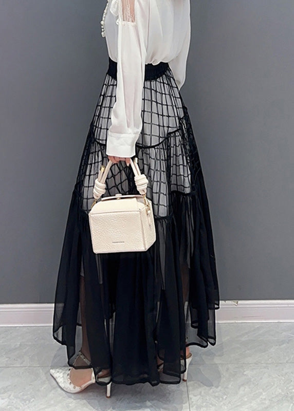 Novelty Black Plaid Patchwork Chiffon Maxi Skirts LY4401 - fabuloryshop