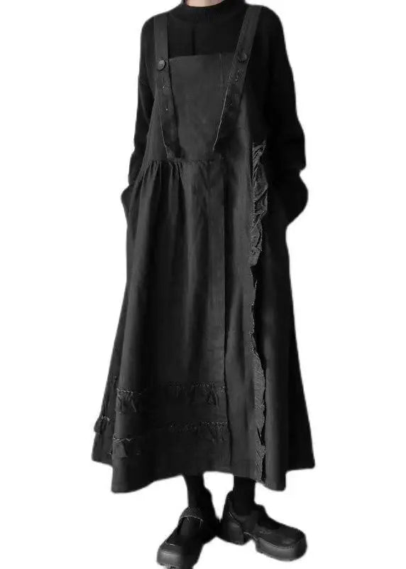 Novelty Black Ruffled Patchwork Button Pockets Long Dresses Fall Ada Fashion