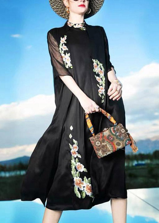 Novelty Black Stand Collar Embroideried Floral Button Silk Maxi Dress Summer LY1492 - fabuloryshop