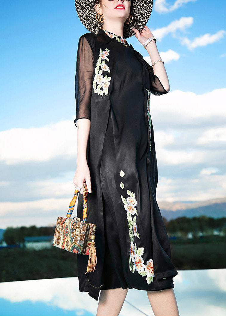 Novelty Black Stand Collar Embroideried Floral Button Silk Maxi Dress Summer LY1492 - fabuloryshop