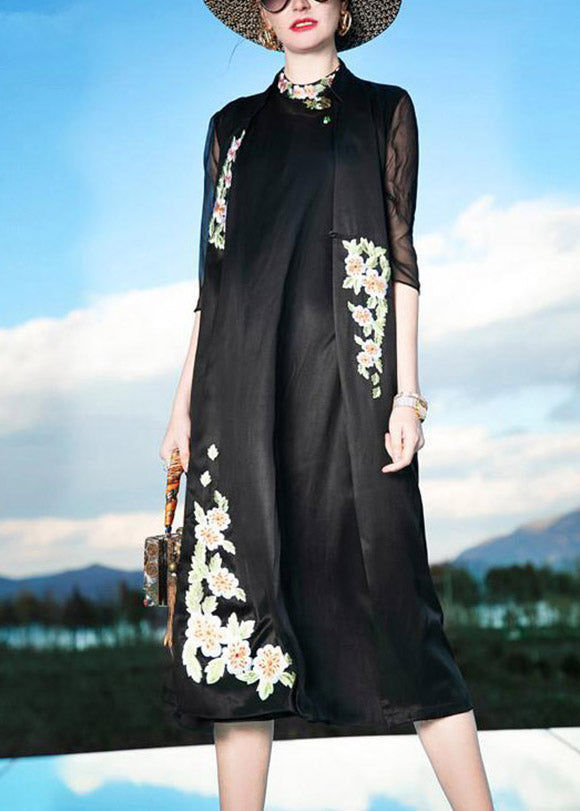 Novelty Black Stand Collar Embroideried Floral Button Silk Maxi Dress Summer LY1492 - fabuloryshop