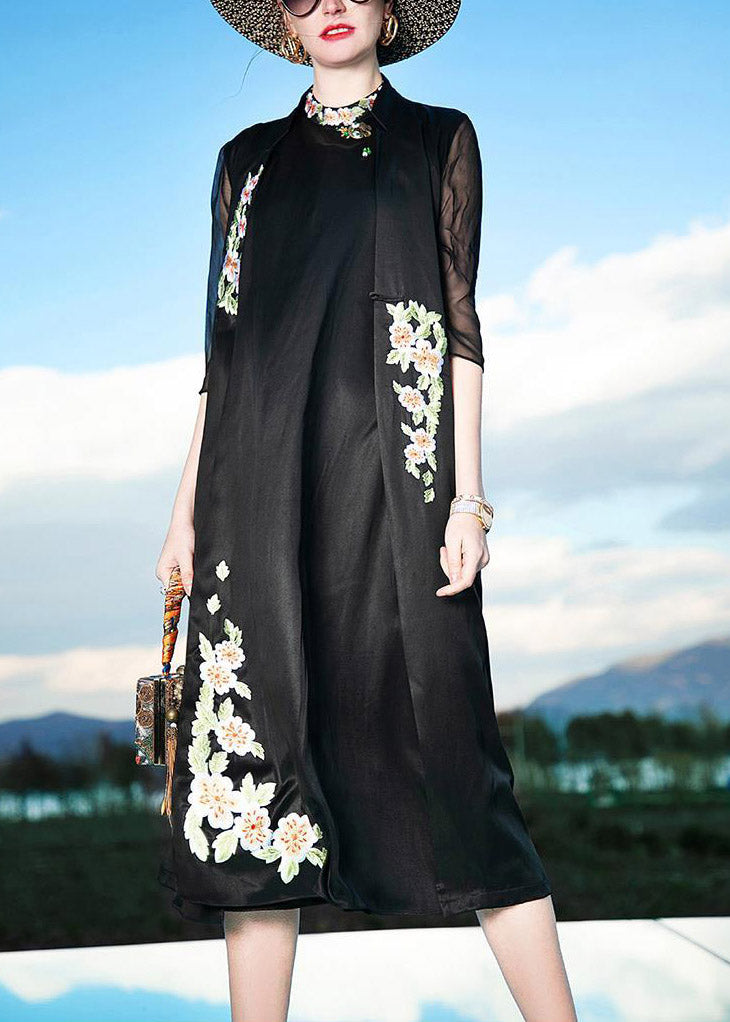 Novelty Black Stand Collar Embroideried Floral Button Silk Maxi Dress Summer LY1492 - fabuloryshop