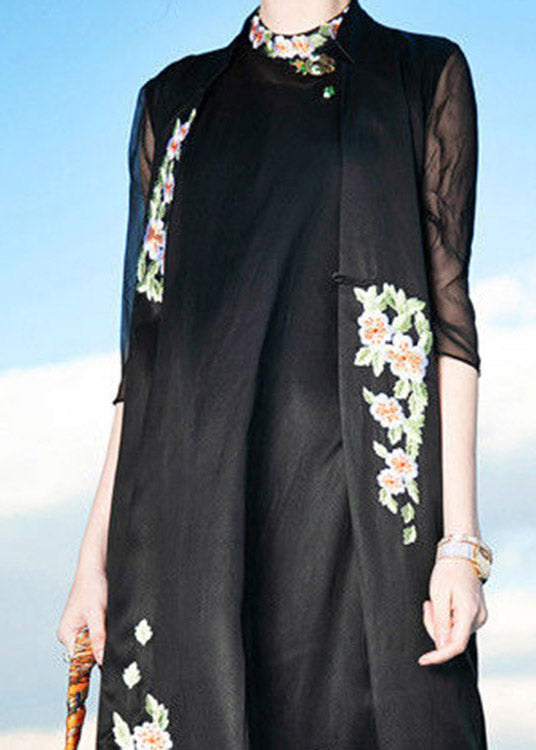 Novelty Black Stand Collar Embroideried Floral Button Silk Maxi Dress Summer LY1492 - fabuloryshop