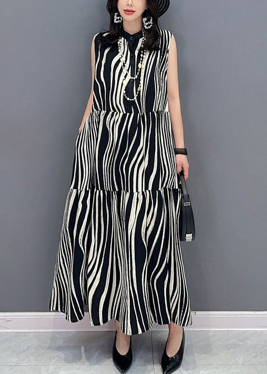 Novelty Black Stand Collar Striped Patchwork Long Dress Summer LY4353 - fabuloryshop