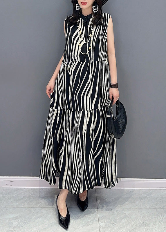 Novelty Black Stand Collar Striped Patchwork Long Dress Summer LY4353 - fabuloryshop