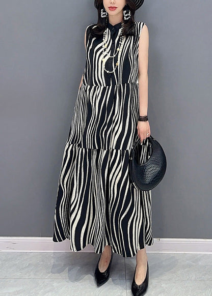 Novelty Black Stand Collar Striped Patchwork Long Dress Summer LY4353 - fabuloryshop