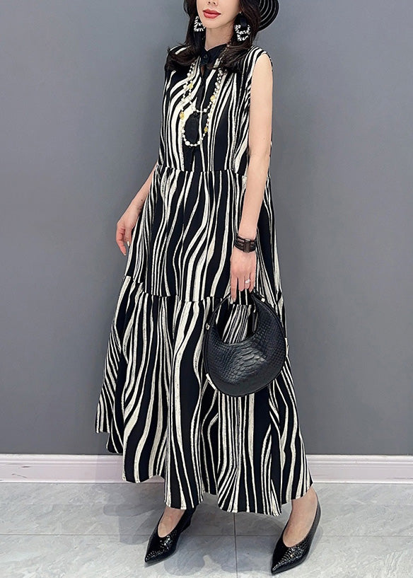 Novelty Black Stand Collar Striped Patchwork Long Dress Summer LY4353 - fabuloryshop