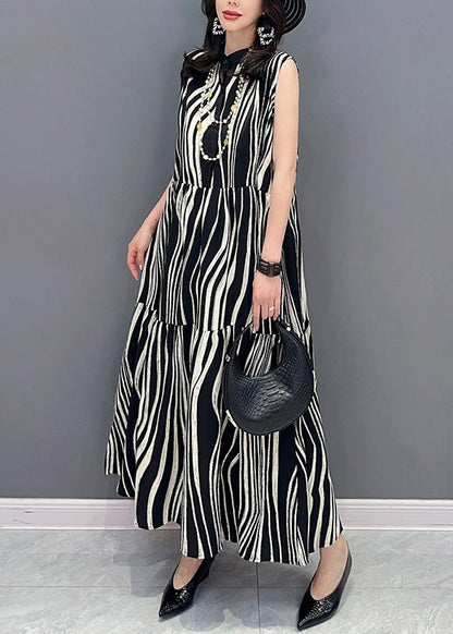 Novelty Black Stand Collar Striped Patchwork Long Dress Summer LY4353 - fabuloryshop