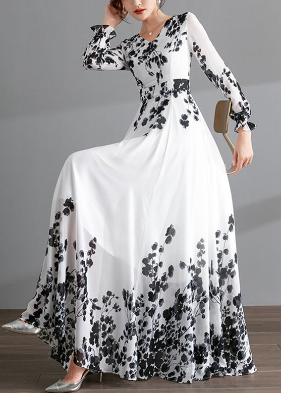 Novelty Black V Neck Print Chiffon Maxi Beach Dresses Spring LY1729 - fabuloryshop