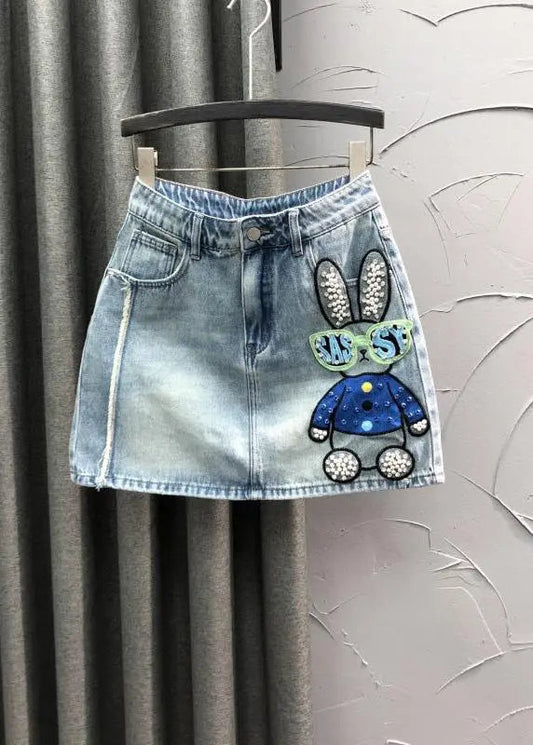 Novelty Blue Embroideried Nail Bead Patchwork Denim Skirt Summer Ada Fashion