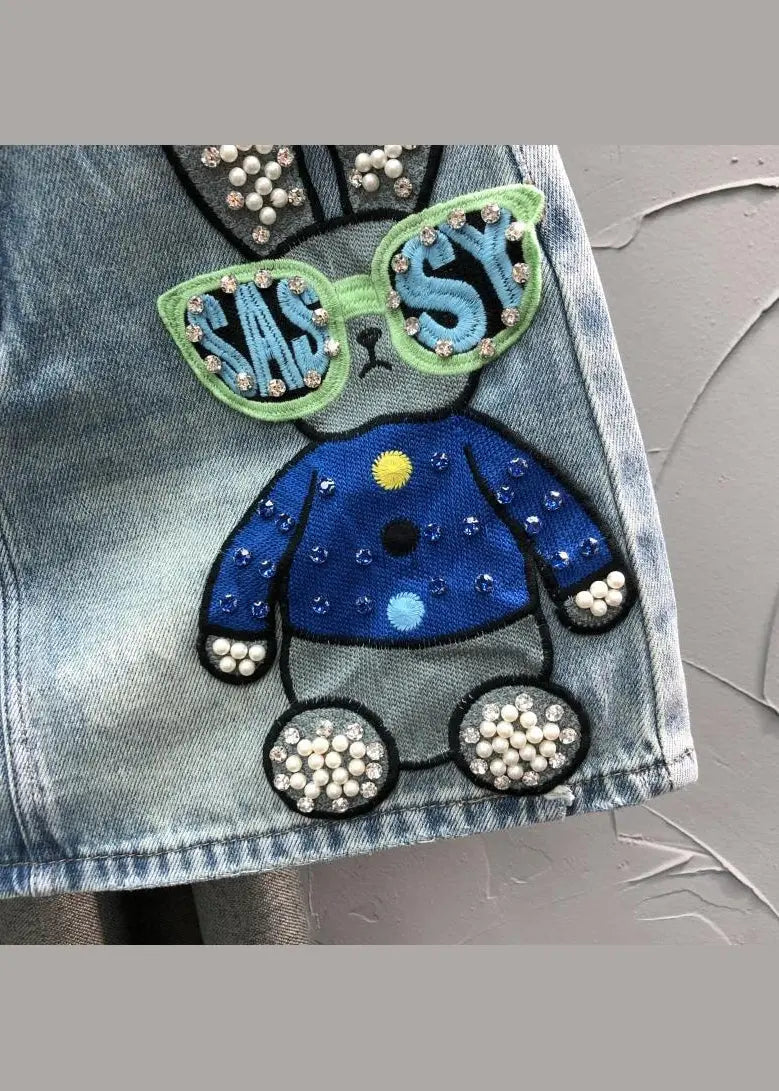 Novelty Blue Embroideried Nail Bead Patchwork Denim Skirt Summer Ada Fashion