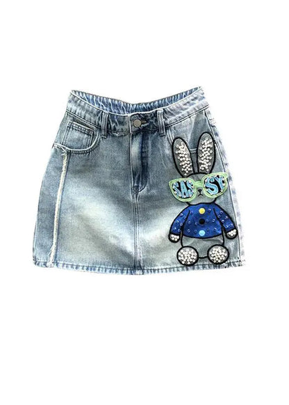 Novelty Blue Embroideried Nail Bead Patchwork Denim Skirt Summer Ada Fashion