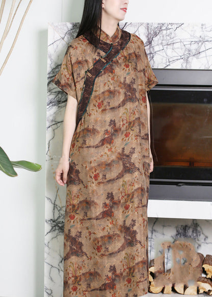 Novelty Coffee Stand Collar Print Button Silk Long Dress Short Sleeve LY5182 - fabuloryshop