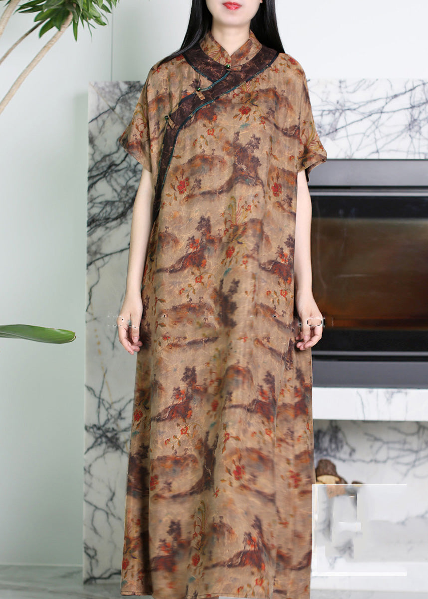 Novelty Coffee Stand Collar Print Button Silk Long Dress Short Sleeve LY5182 - fabuloryshop