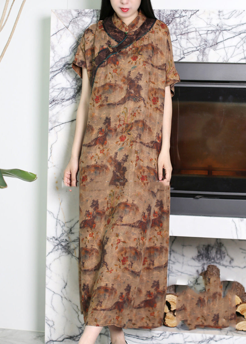 Novelty Coffee Stand Collar Print Button Silk Long Dress Short Sleeve LY5182 - fabuloryshop