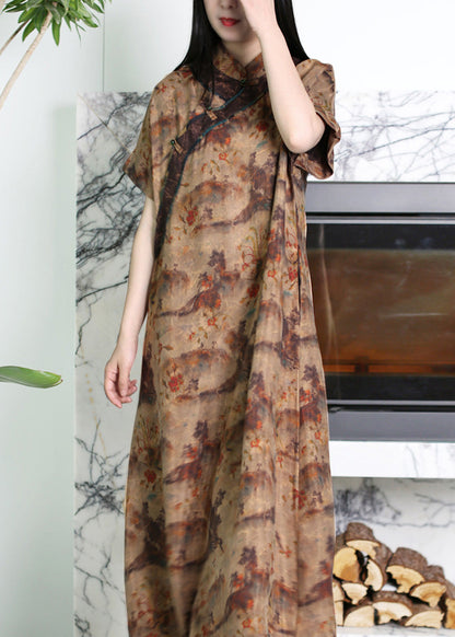 Novelty Coffee Stand Collar Print Button Silk Long Dress Short Sleeve LY5182 - fabuloryshop