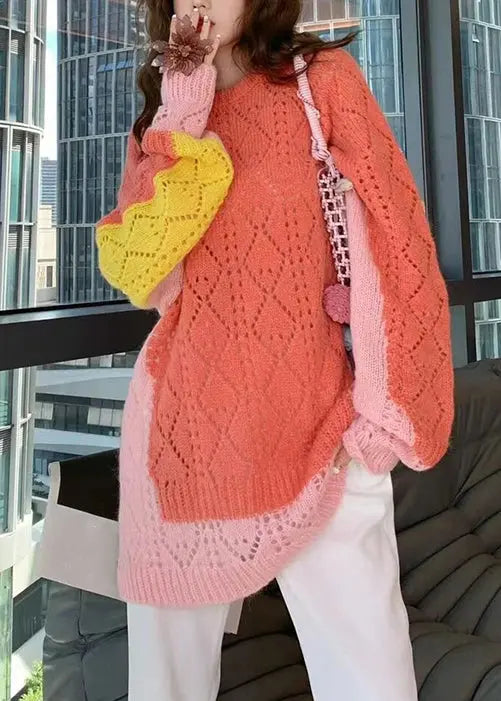 Novelty Colorblock O Neck Hollow Out  Cotton Knit Sweaters Fall Ada Fashion