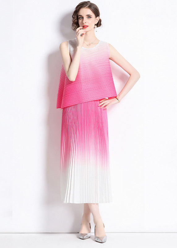 Novelty Gradient Color O Neck Wrinkled Patchwork Chiffon 2 Piece Outfit Summer Ada Fashion