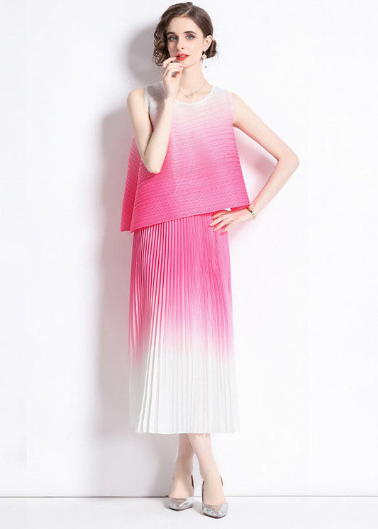 Novelty Gradient Color O Neck Wrinkled Patchwork Chiffon 2 Piece Outfit Summer Ada Fashion