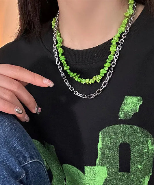 Novelty Green Double Layered Crushed Stone Clavicle Chain Necklace Ada Fashion