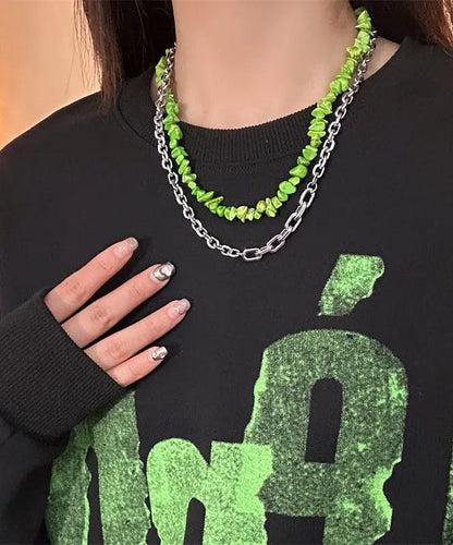 Novelty Green Double Layered Crushed Stone Clavicle Chain Necklace Ada Fashion