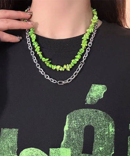 Novelty Green Double Layered Crushed Stone Clavicle Chain Necklace Ada Fashion