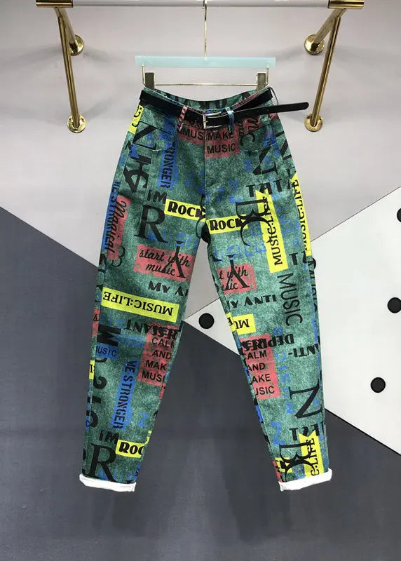 Novelty Green Graphic Pockets Patchwork Denim Pants Fall Ada Fashion