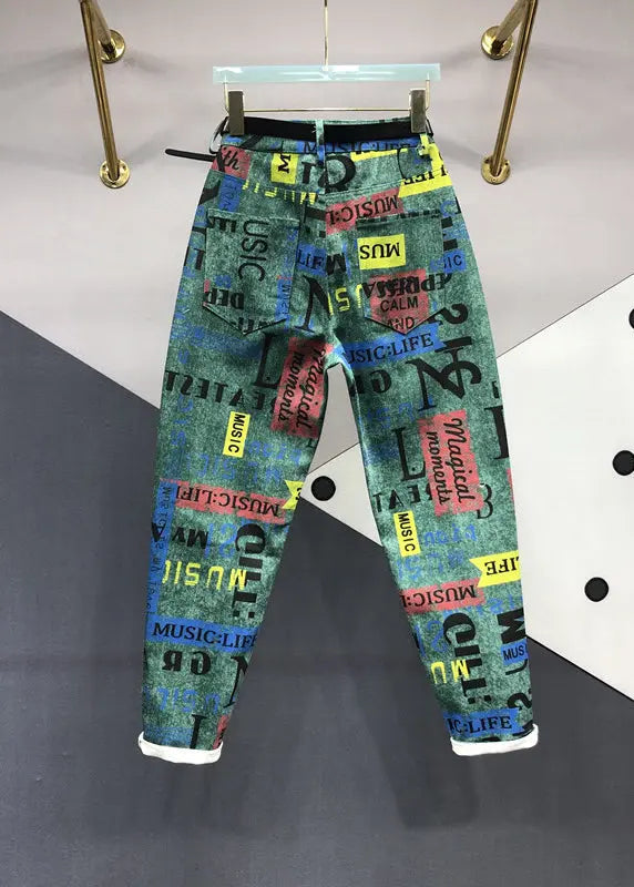 Novelty Green Graphic Pockets Patchwork Denim Pants Fall Ada Fashion