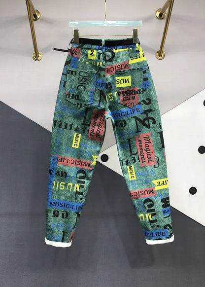 Novelty Green Graphic Pockets Patchwork Denim Pants Fall Ada Fashion