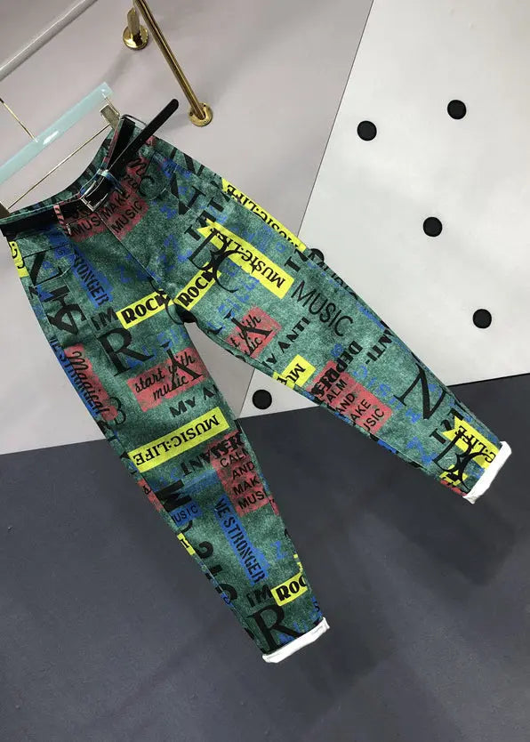 Novelty Green Graphic Pockets Patchwork Denim Pants Fall Ada Fashion