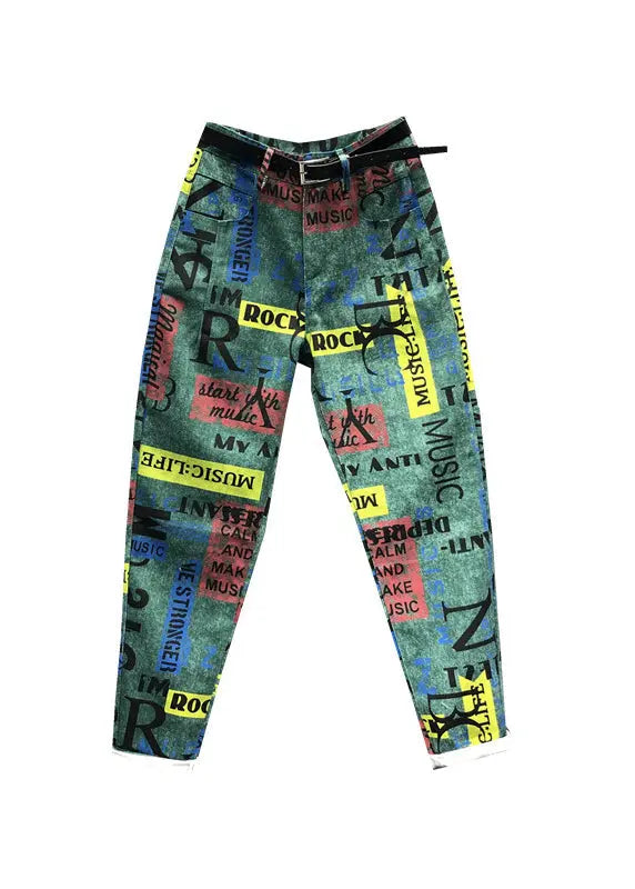 Novelty Green Graphic Pockets Patchwork Denim Pants Fall Ada Fashion