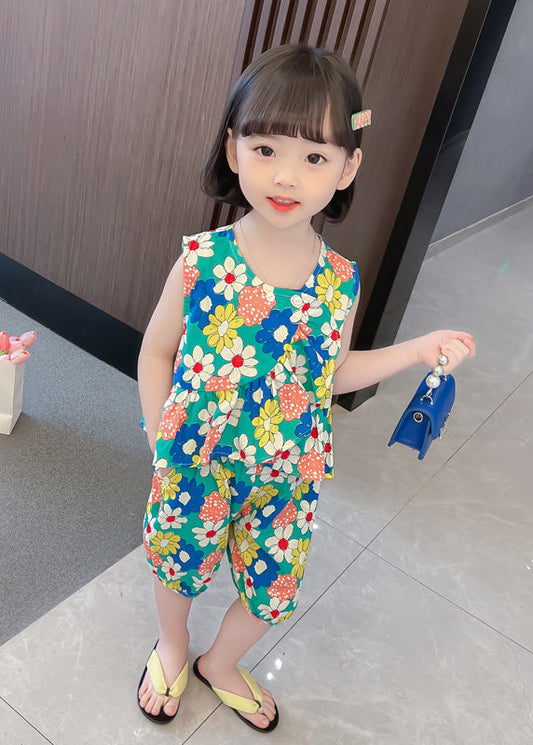 Novelty Green O-Neck Print Cotton Vest And Shorts Kids Two Piece Set Summer LY6459 - fabuloryshop