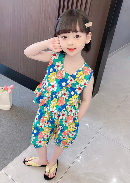 Novelty Green O-Neck Print Cotton Vest And Shorts Kids Two Piece Set Summer LY6459 - fabuloryshop