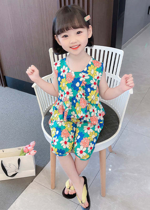 Novelty Green O-Neck Print Cotton Vest And Shorts Kids Two Piece Set Summer LY6459 - fabuloryshop