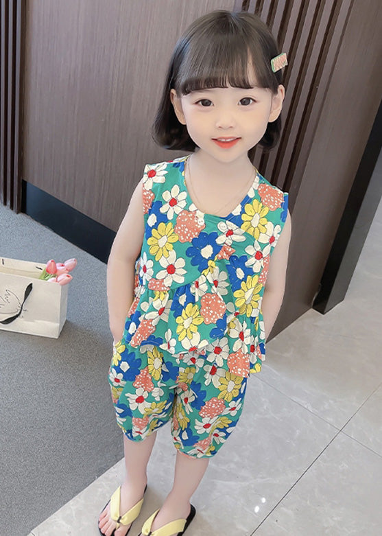 Novelty Green O-Neck Print Cotton Vest And Shorts Kids Two Piece Set Summer LY6459 - fabuloryshop