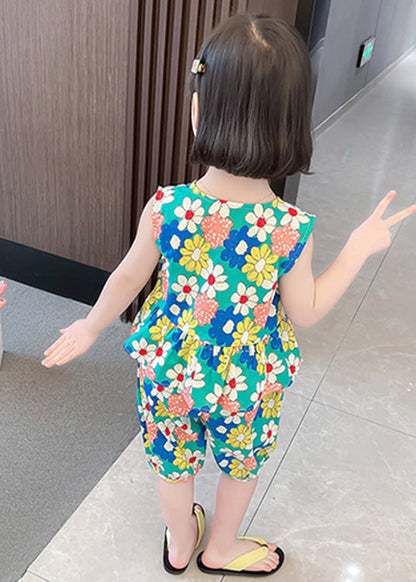 Novelty Green O-Neck Print Cotton Vest And Shorts Kids Two Piece Set Summer LY6459 - fabuloryshop