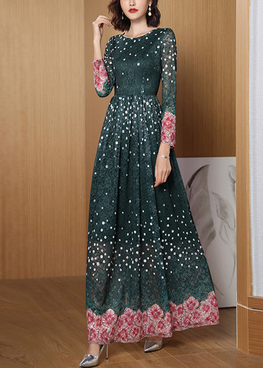 Novelty Green O-Neck Print Lace Patchwork Tunic Maxi Dress Long Sleeve LY1708 - fabuloryshop