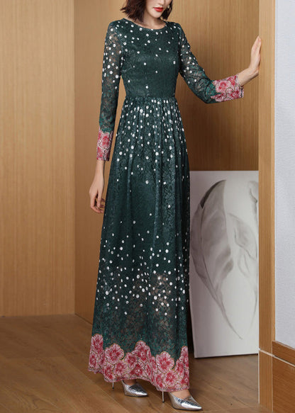 Novelty Green O-Neck Print Lace Patchwork Tunic Maxi Dress Long Sleeve LY1708 - fabuloryshop