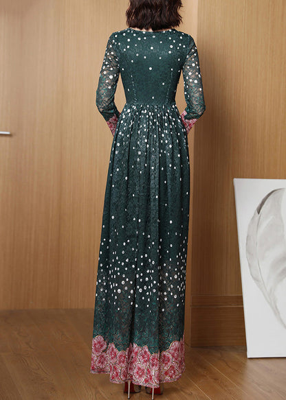 Novelty Green O-Neck Print Lace Patchwork Tunic Maxi Dress Long Sleeve LY1708 - fabuloryshop