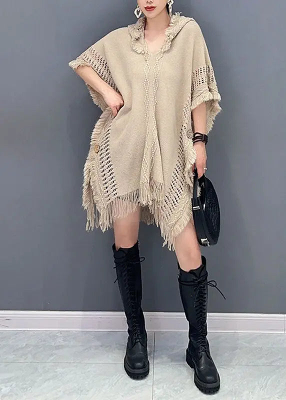 Novelty Khaki Asymmetrical Tassel Hooded Knit Sweaters Fall Ada Fashion