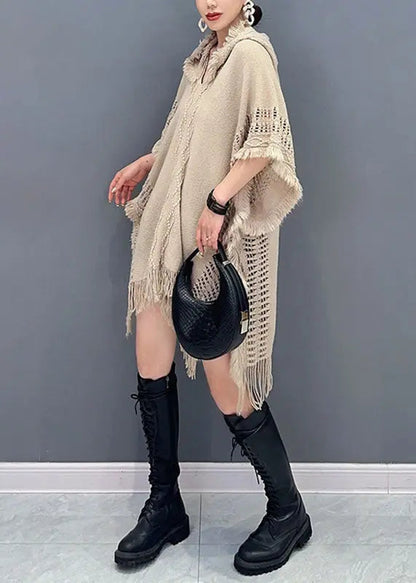 Novelty Khaki Asymmetrical Tassel Hooded Knit Sweaters Fall Ada Fashion