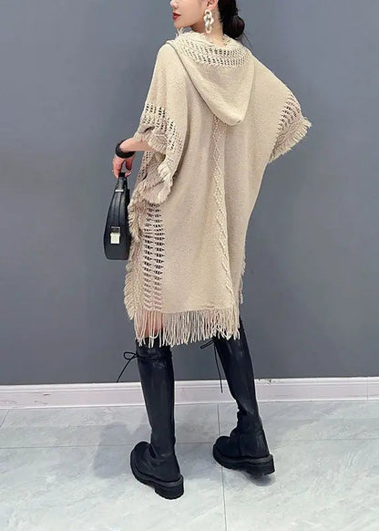 Novelty Khaki Asymmetrical Tassel Hooded Knit Sweaters Fall Ada Fashion