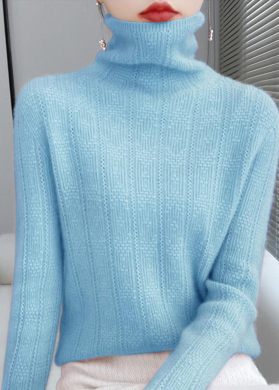 Novelty Lake Blue Turtleneck Hollow Out Wool Knit Sweaters Fall Ada Fashion