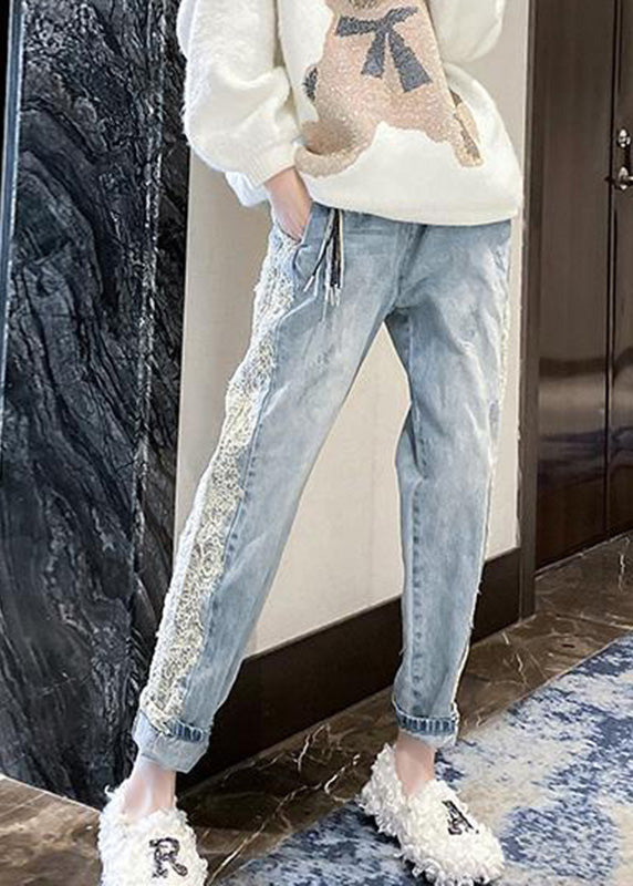 Novelty Light Blue Lace Patchwork Elastic Waist Harem Jeans LY7921