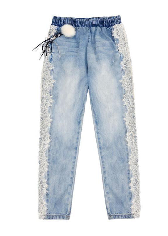 Novelty Light Blue Lace Patchwork Elastic Waist Harem Jeans LY7921