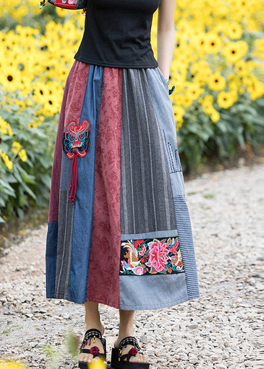 Novelty Navy Blue Print Patchwork Embroideried Floral Tassel High Waist Maxi Skirts LY4654 - fabuloryshop