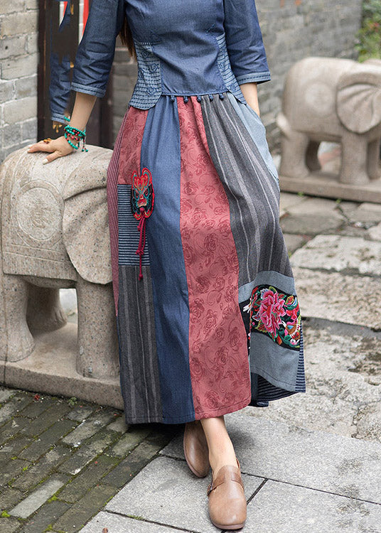 Novelty Navy Blue Print Patchwork Embroideried Floral Tassel High Waist Maxi Skirts LY4654 - fabuloryshop