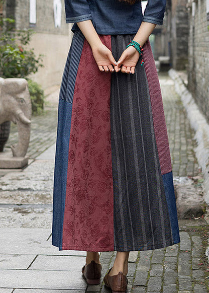 Novelty Navy Blue Print Patchwork Embroideried Floral Tassel High Waist Maxi Skirts LY4654 - fabuloryshop