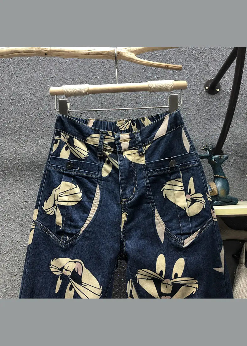 Novelty Navy Cartoon Print Pockets Patchwork Denim Pants Fall Ada Fashion