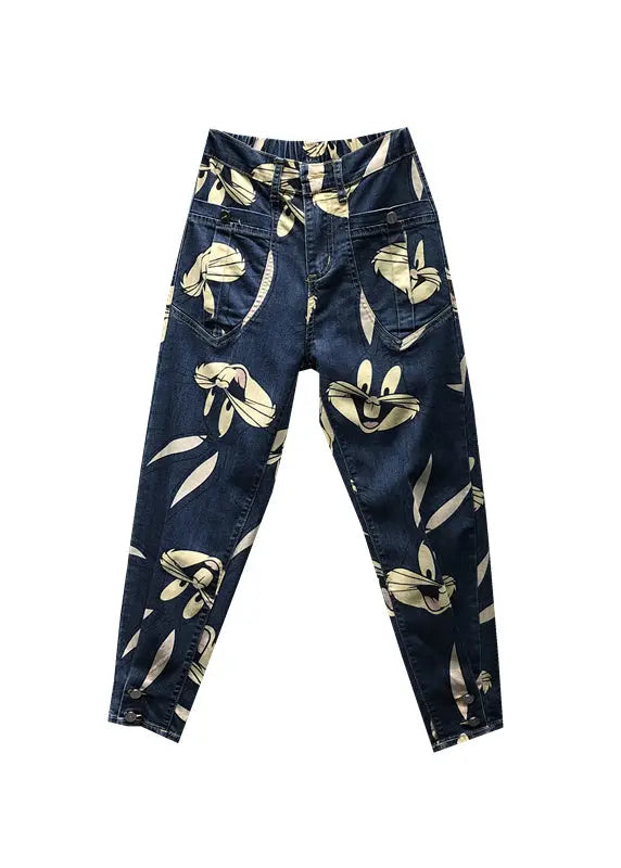 Novelty Navy Cartoon Print Pockets Patchwork Denim Pants Fall Ada Fashion